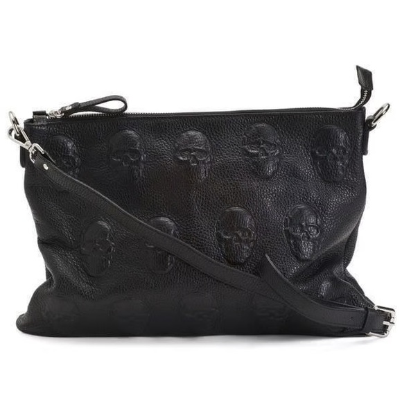 IO PELLE Italian Pebbled Black leather Skull Embossed Crossbody Bag - Picture 2 of 4